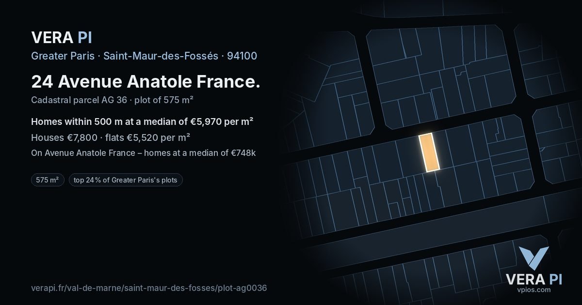 24 Avenue Anatole France, Saint-Maur-des-Fossés at night – the plot lit, the parcels around coloured by the prices near them