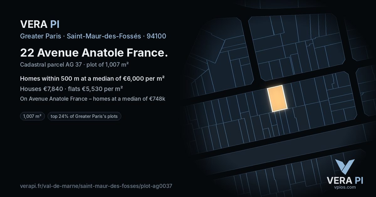 22 Avenue Anatole France, Saint-Maur-des-Fossés at night – the plot lit, the parcels around coloured by the prices near them