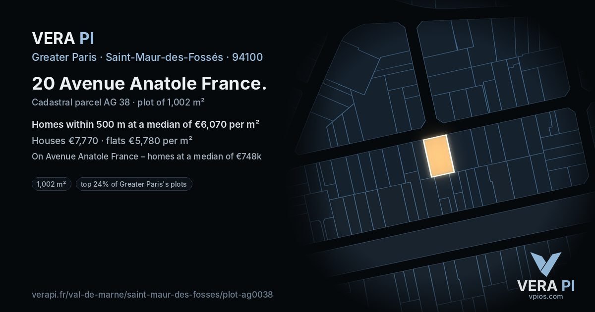 20 Avenue Anatole France, Saint-Maur-des-Fossés at night – the plot lit, the parcels around coloured by the prices near them