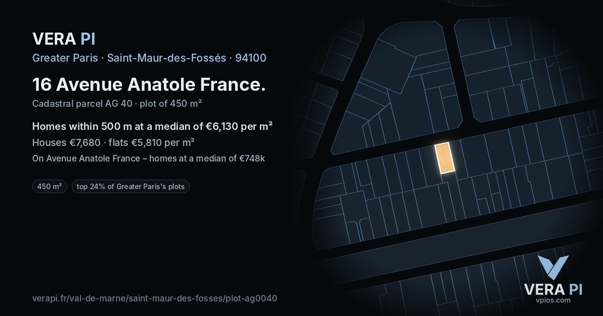 16 Avenue Anatole France, Saint-Maur-des-Fossés at night – the plot lit, the parcels around coloured by the prices near them