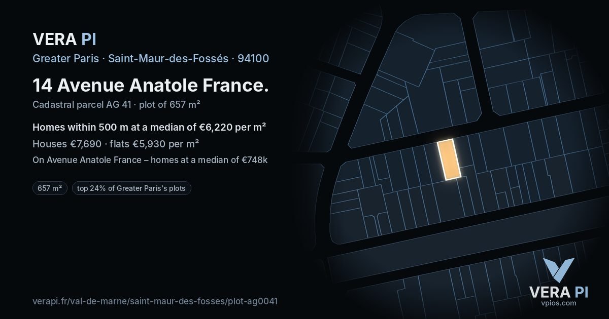 14 Avenue Anatole France, Saint-Maur-des-Fossés at night – the plot lit, the parcels around coloured by the prices near them