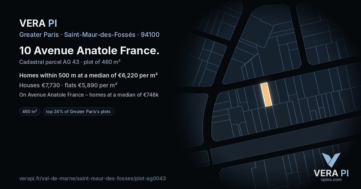 10 Avenue Anatole France, Saint-Maur-des-Fossés at night – the plot lit, the parcels around coloured by the prices near them