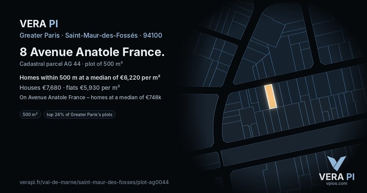 8 Avenue Anatole France, Saint-Maur-des-Fossés at night – the plot lit, the parcels around coloured by the prices near them