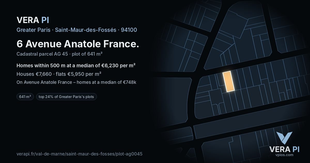6 Avenue Anatole France, Saint-Maur-des-Fossés at night – the plot lit, the parcels around coloured by the prices near them