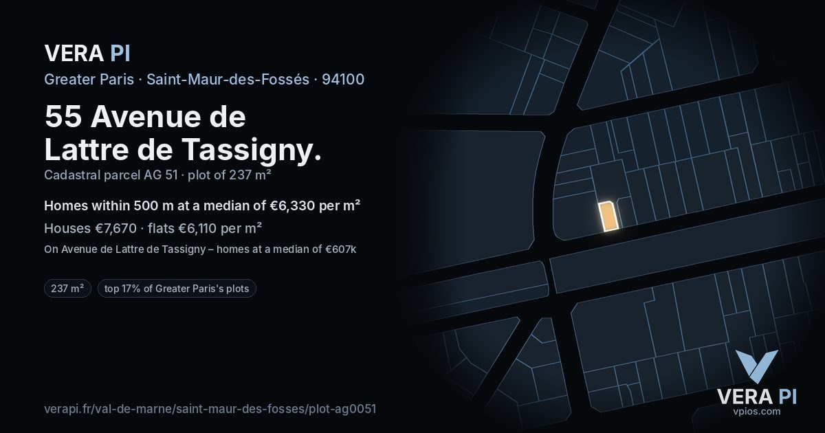 55 Avenue de Lattre de Tassigny, Saint-Maur-des-Fossés at night – the plot lit, the parcels around coloured by the prices near them