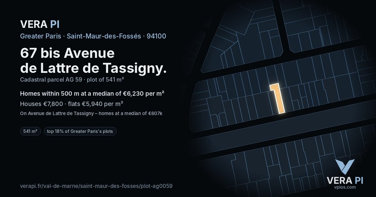 67 bis Avenue de Lattre de Tassigny, Saint-Maur-des-Fossés at night – the plot lit, the parcels around coloured by the prices near them