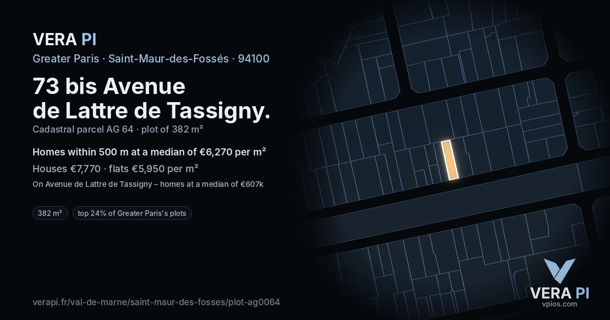 73 bis Avenue de Lattre de Tassigny, Saint-Maur-des-Fossés at night – the plot lit, the parcels around coloured by the prices near them