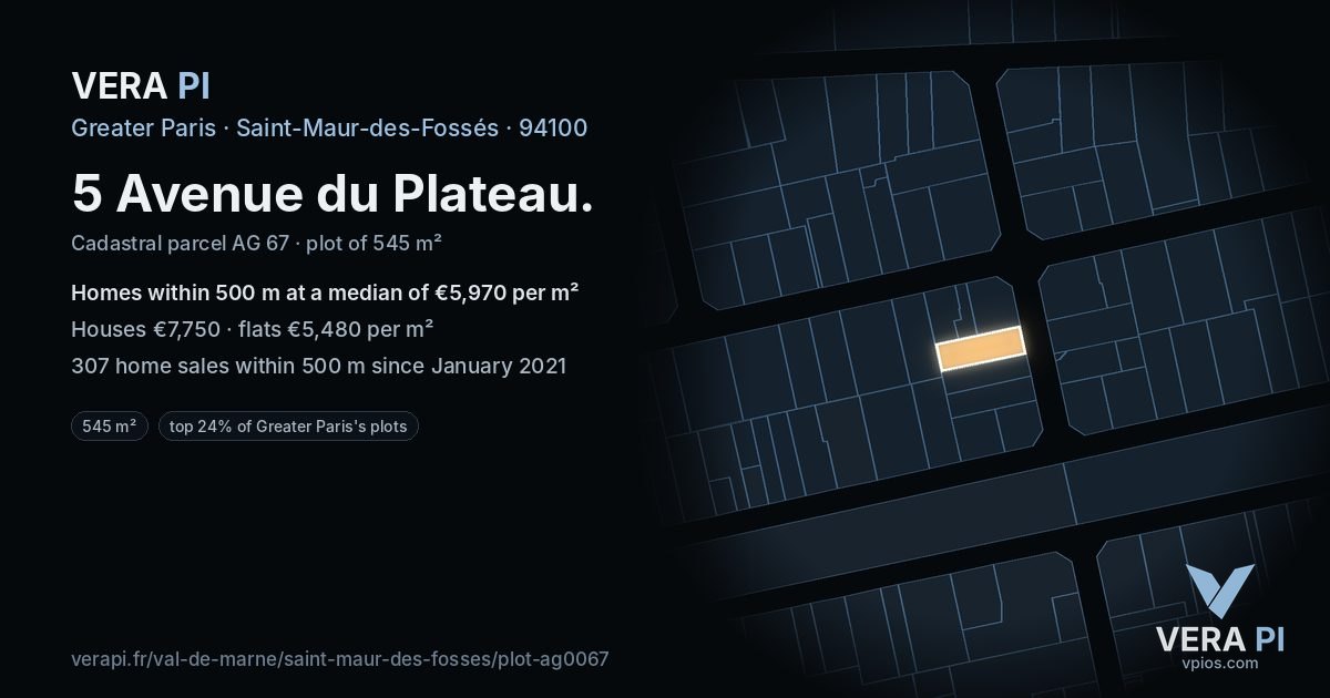 5 Avenue du Plateau, Saint-Maur-des-Fossés at night – the plot lit, the parcels around coloured by the prices near them