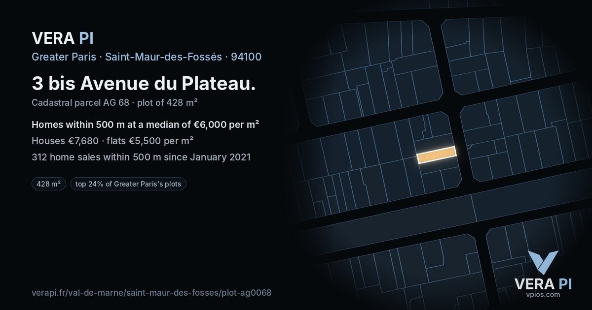 3 bis Avenue du Plateau, Saint-Maur-des-Fossés at night – the plot lit, the parcels around coloured by the prices near them
