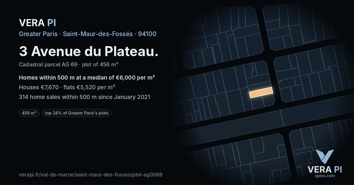 3 Avenue du Plateau, Saint-Maur-des-Fossés at night – the plot lit, the parcels around coloured by the prices near them