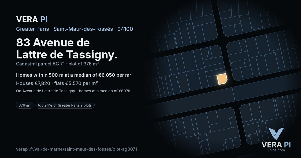 83 Avenue de Lattre de Tassigny, Saint-Maur-des-Fossés at night – the plot lit, the parcels around coloured by the prices near them