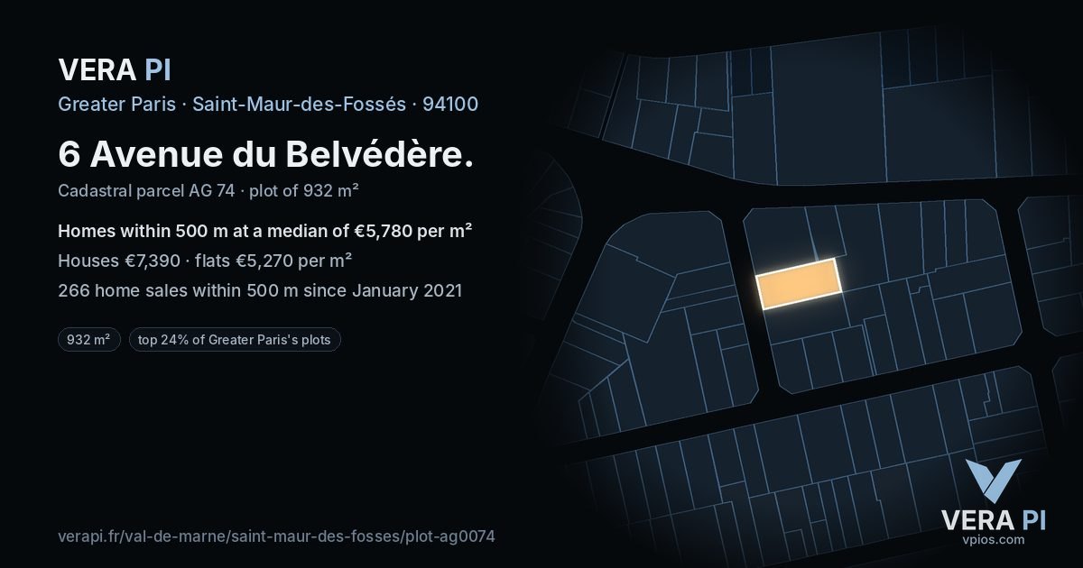 6 Avenue du Belvédère, Saint-Maur-des-Fossés at night – the plot lit, the parcels around coloured by the prices near them