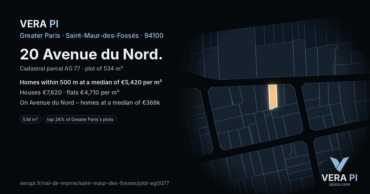 20 Avenue du Nord, Saint-Maur-des-Fossés at night – the plot lit, the parcels around coloured by the prices near them