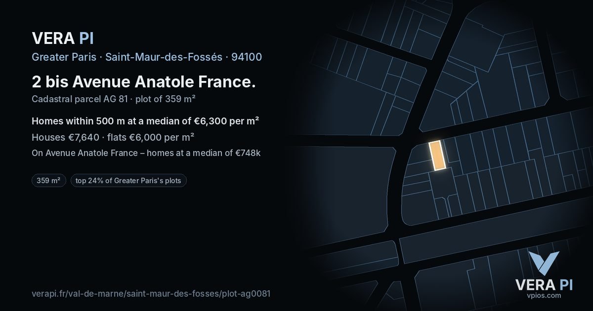 2 bis Avenue Anatole France, Saint-Maur-des-Fossés at night – the plot lit, the parcels around coloured by the prices near them