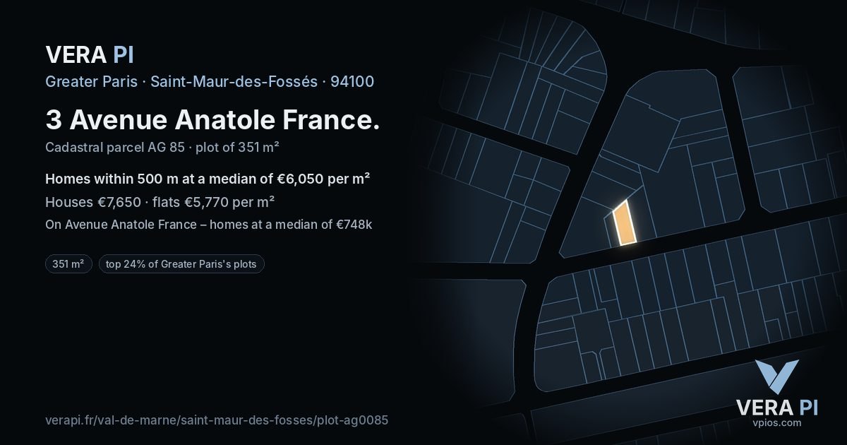 3 Avenue Anatole France, Saint-Maur-des-Fossés at night – the plot lit, the parcels around coloured by the prices near them