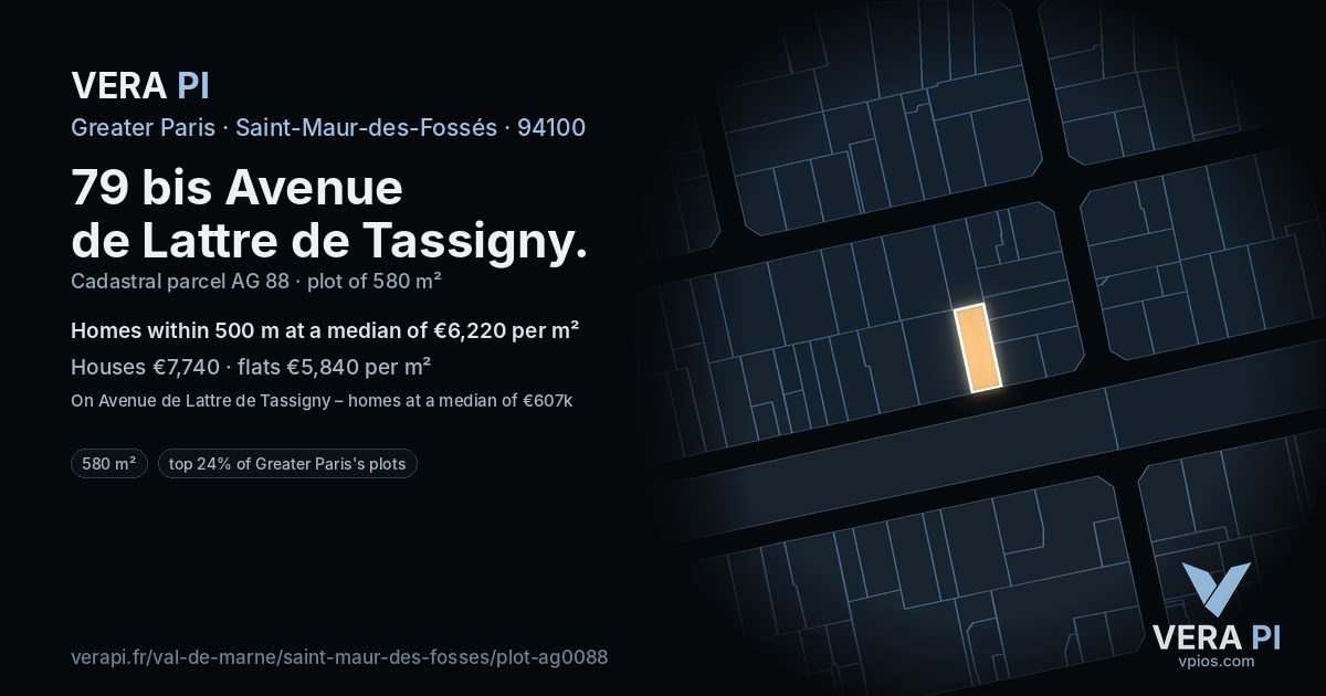 79 bis Avenue de Lattre de Tassigny, Saint-Maur-des-Fossés at night – the plot lit, the parcels around coloured by the prices near them