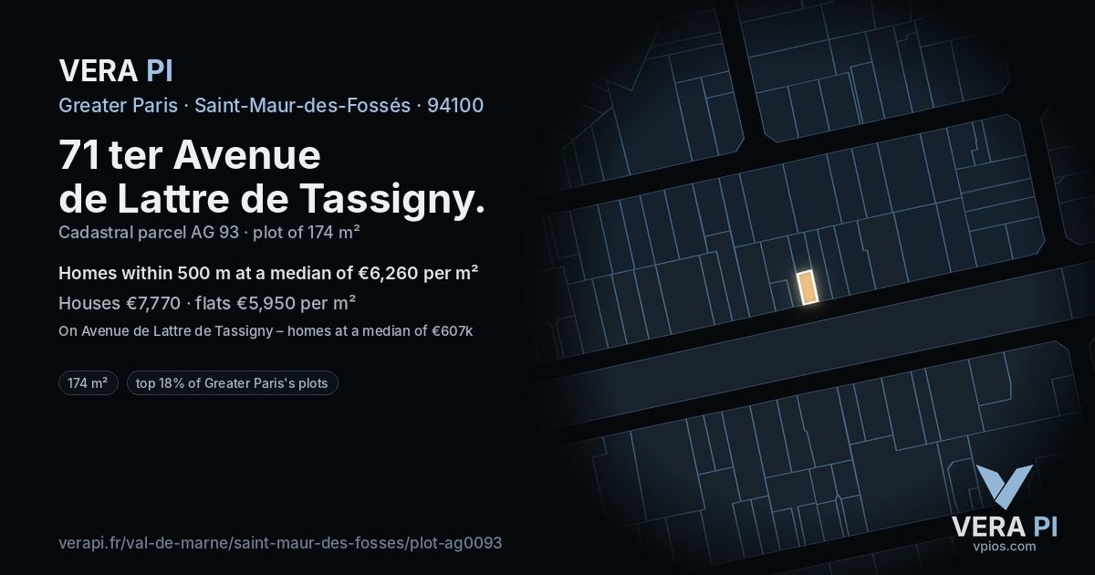 71 ter Avenue de Lattre de Tassigny, Saint-Maur-des-Fossés at night – the plot lit, the parcels around coloured by the prices near them