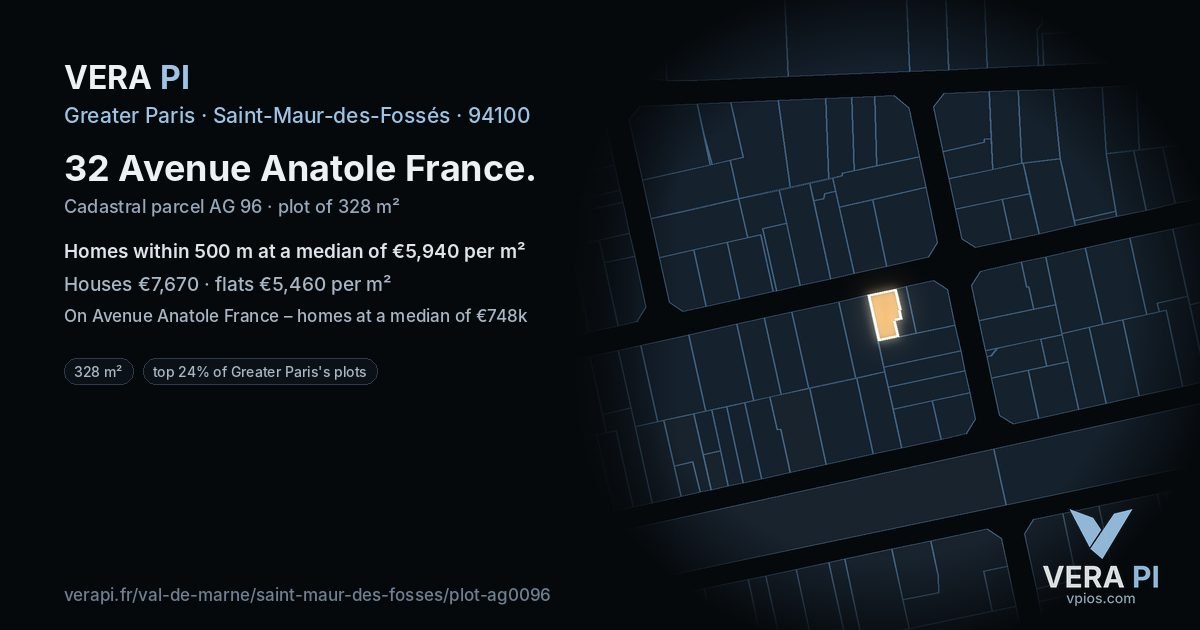 32 Avenue Anatole France, Saint-Maur-des-Fossés at night – the plot lit, the parcels around coloured by the prices near them