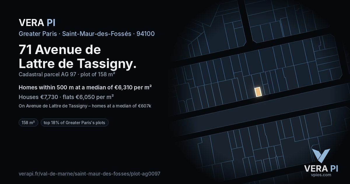 71 Avenue de Lattre de Tassigny, Saint-Maur-des-Fossés at night – the plot lit, the parcels around coloured by the prices near them