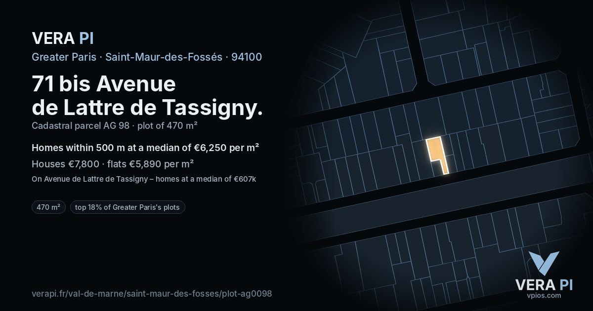 71 bis Avenue de Lattre de Tassigny, Saint-Maur-des-Fossés at night – the plot lit, the parcels around coloured by the prices near them