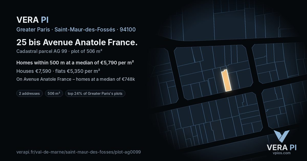25 bis Avenue Anatole France, Saint-Maur-des-Fossés at night – the plot lit, the parcels around coloured by the prices near them