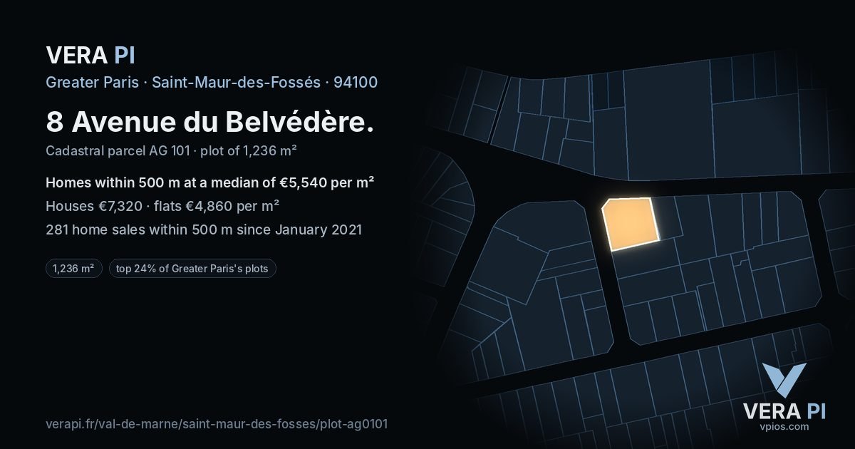8 Avenue du Belvédère, Saint-Maur-des-Fossés at night – the plot lit, the parcels around coloured by the prices near them