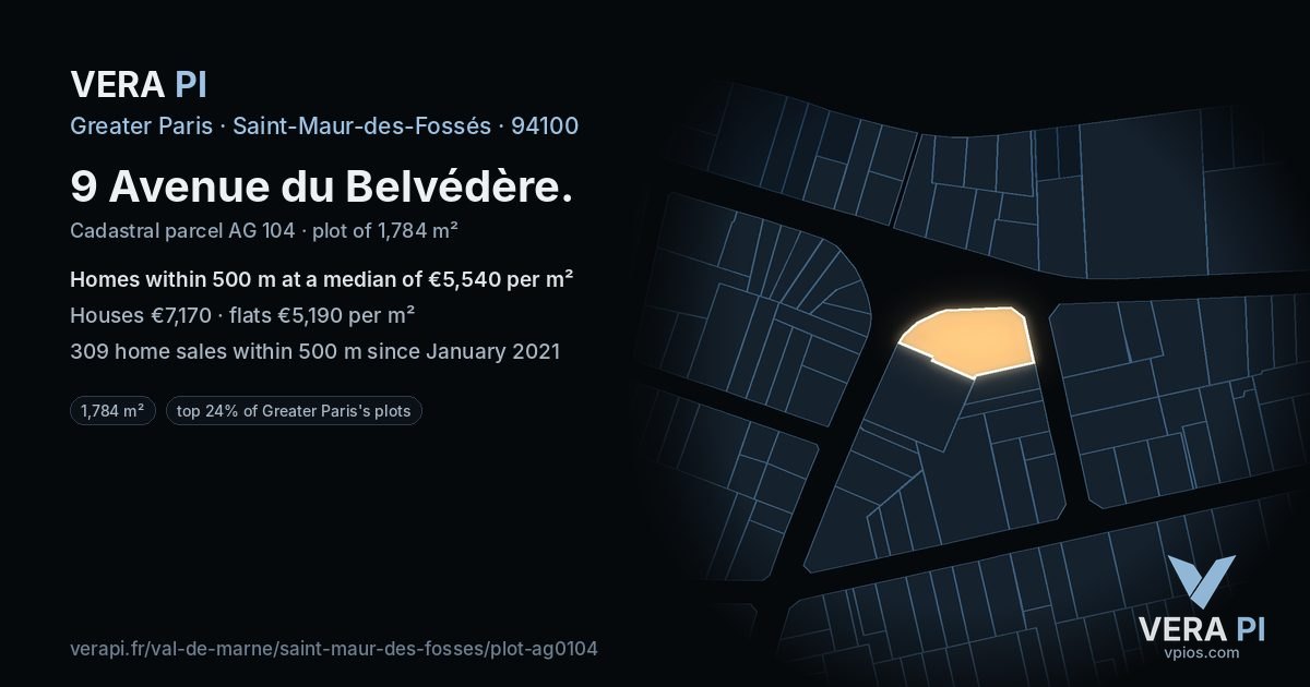 9 Avenue du Belvédère, Saint-Maur-des-Fossés at night – the plot lit, the parcels around coloured by the prices near them