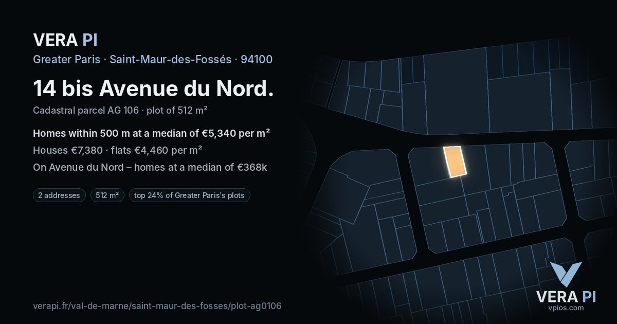 14 bis Avenue du Nord, Saint-Maur-des-Fossés at night – the plot lit, the parcels around coloured by the prices near them