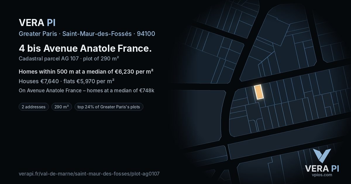 4 bis Avenue Anatole France, Saint-Maur-des-Fossés at night – the plot lit, the parcels around coloured by the prices near them