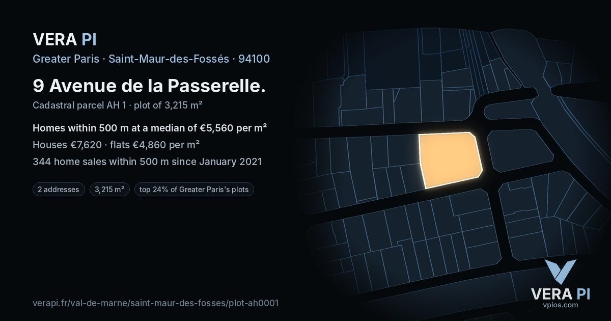 9 Avenue de la Passerelle, Saint-Maur-des-Fossés at night – the plot lit, the parcels around coloured by the prices near them