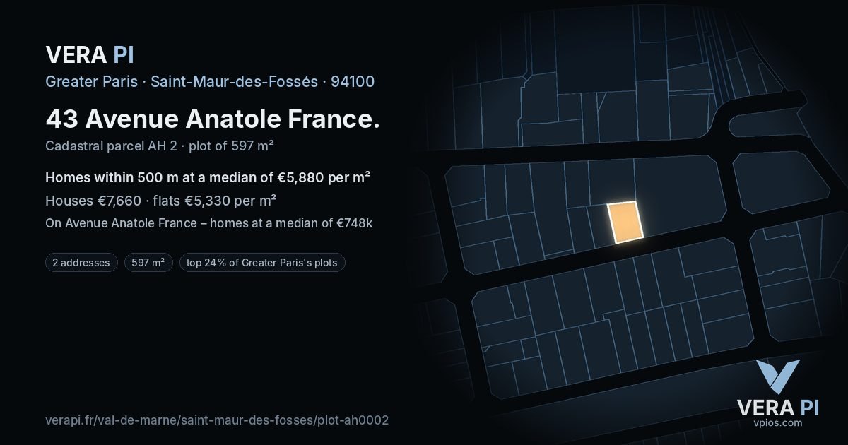 43 Avenue Anatole France, Saint-Maur-des-Fossés at night – the plot lit, the parcels around coloured by the prices near them