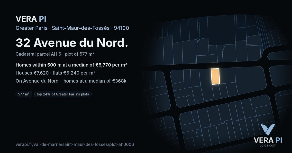 32 Avenue du Nord, Saint-Maur-des-Fossés at night – the plot lit, the parcels around coloured by the prices near them