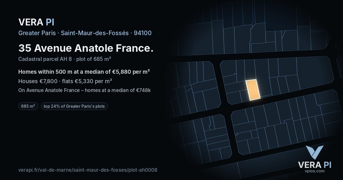 35 Avenue Anatole France, Saint-Maur-des-Fossés at night – the plot lit, the parcels around coloured by the prices near them