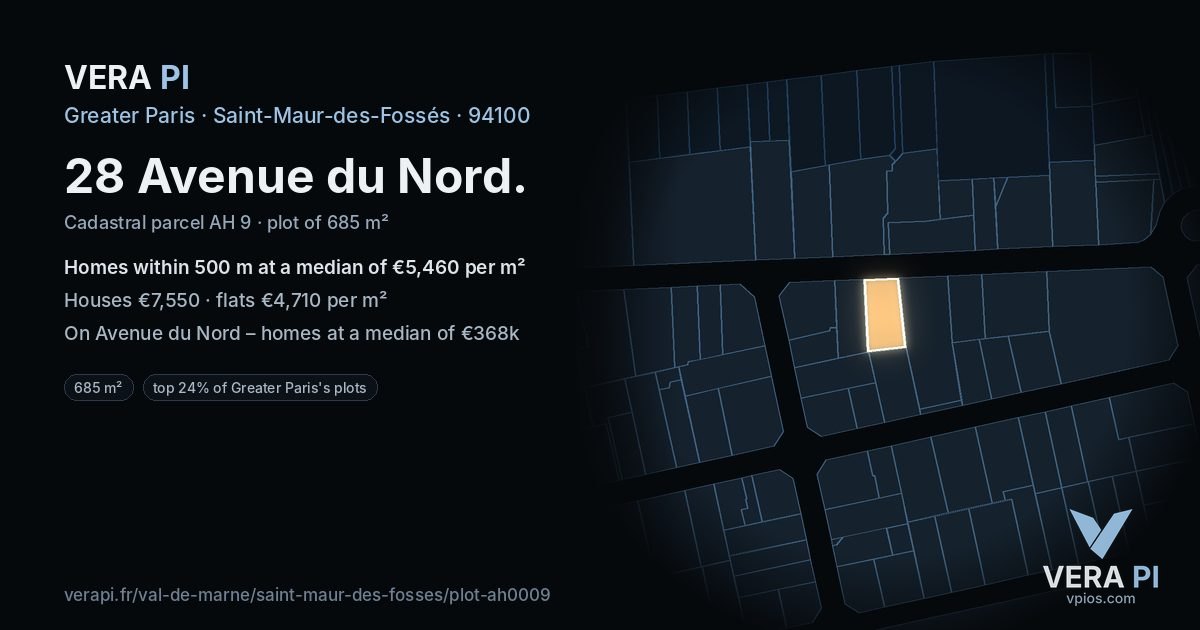 28 Avenue du Nord, Saint-Maur-des-Fossés at night – the plot lit, the parcels around coloured by the prices near them