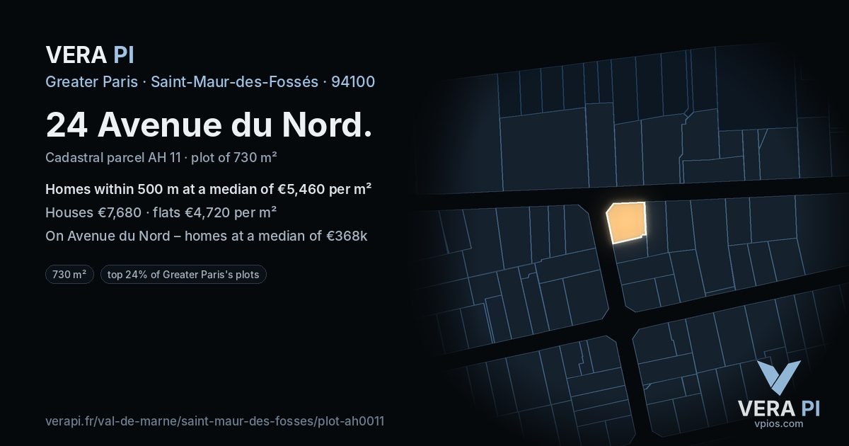 24 Avenue du Nord, Saint-Maur-des-Fossés at night – the plot lit, the parcels around coloured by the prices near them