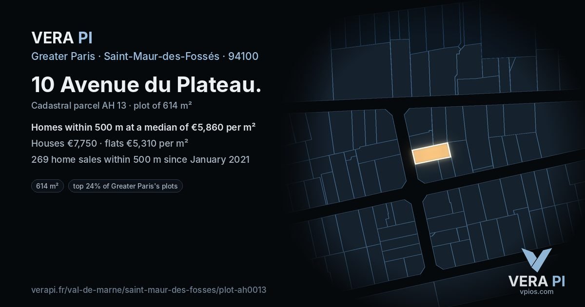 10 Avenue du Plateau, Saint-Maur-des-Fossés at night – the plot lit, the parcels around coloured by the prices near them