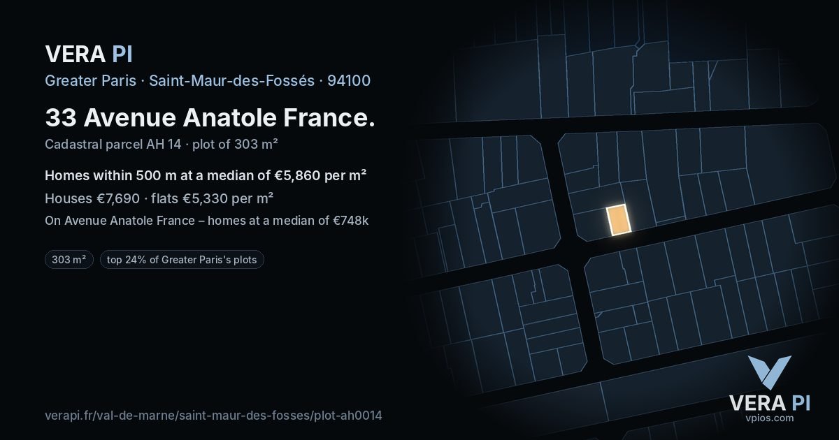33 Avenue Anatole France, Saint-Maur-des-Fossés at night – the plot lit, the parcels around coloured by the prices near them