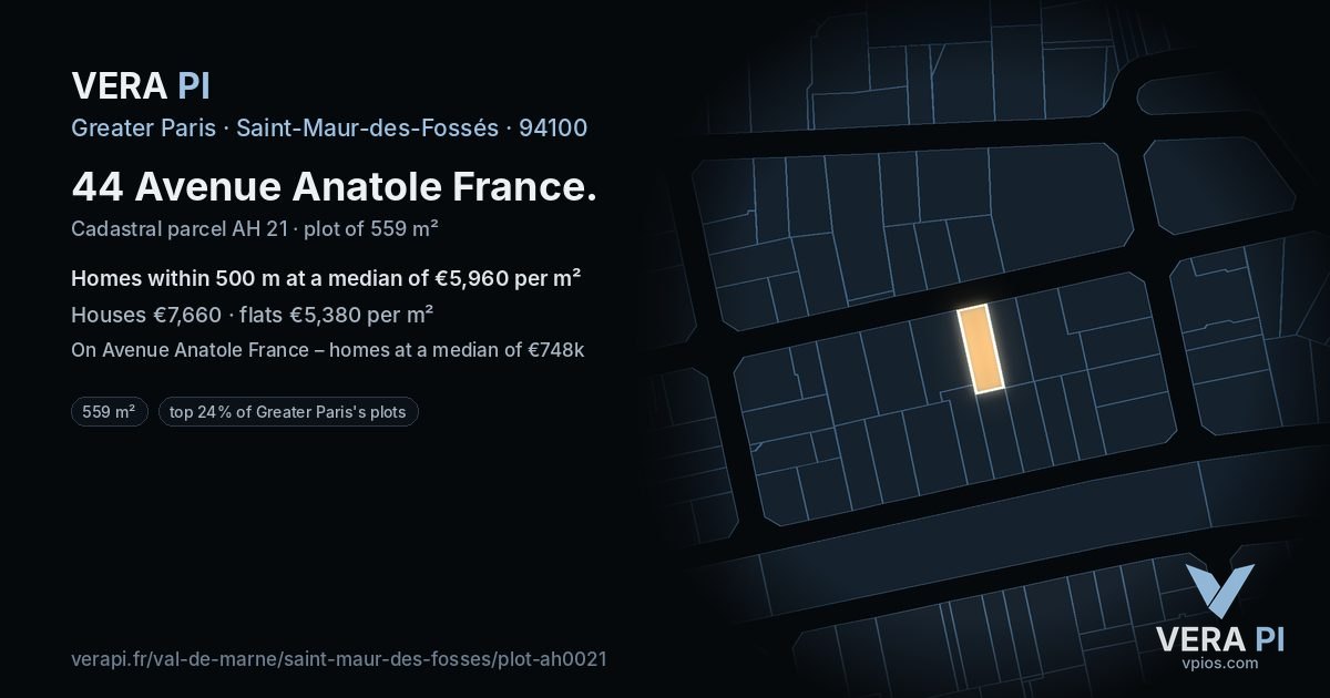 44 Avenue Anatole France, Saint-Maur-des-Fossés at night – the plot lit, the parcels around coloured by the prices near them
