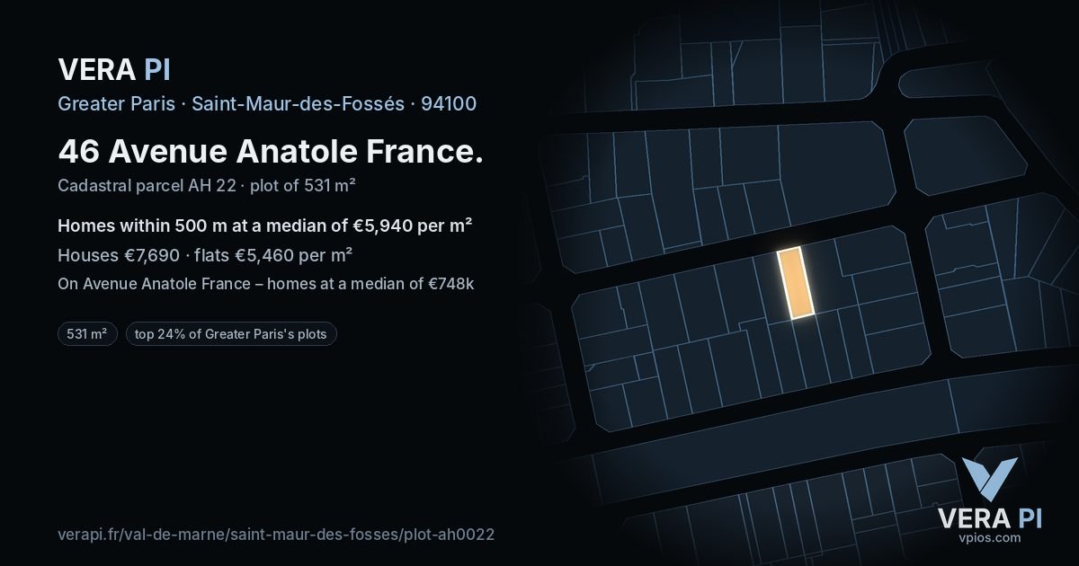 46 Avenue Anatole France, Saint-Maur-des-Fossés at night – the plot lit, the parcels around coloured by the prices near them