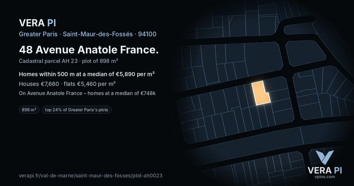 48 Avenue Anatole France, Saint-Maur-des-Fossés at night – the plot lit, the parcels around coloured by the prices near them