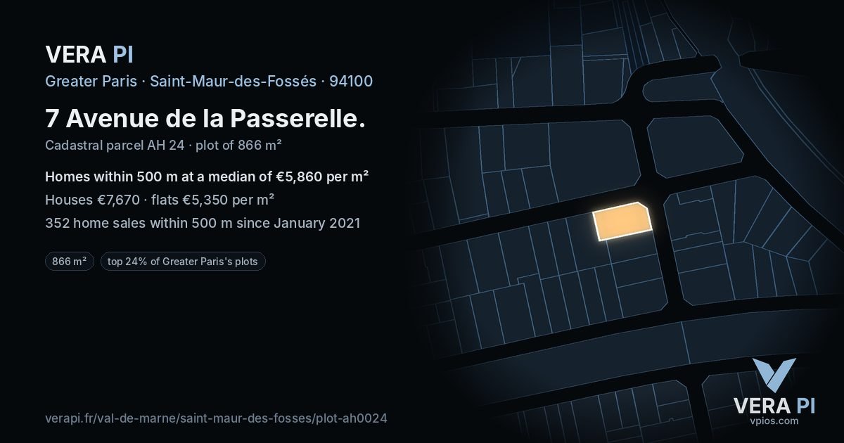 7 Avenue de la Passerelle, Saint-Maur-des-Fossés at night – the plot lit, the parcels around coloured by the prices near them