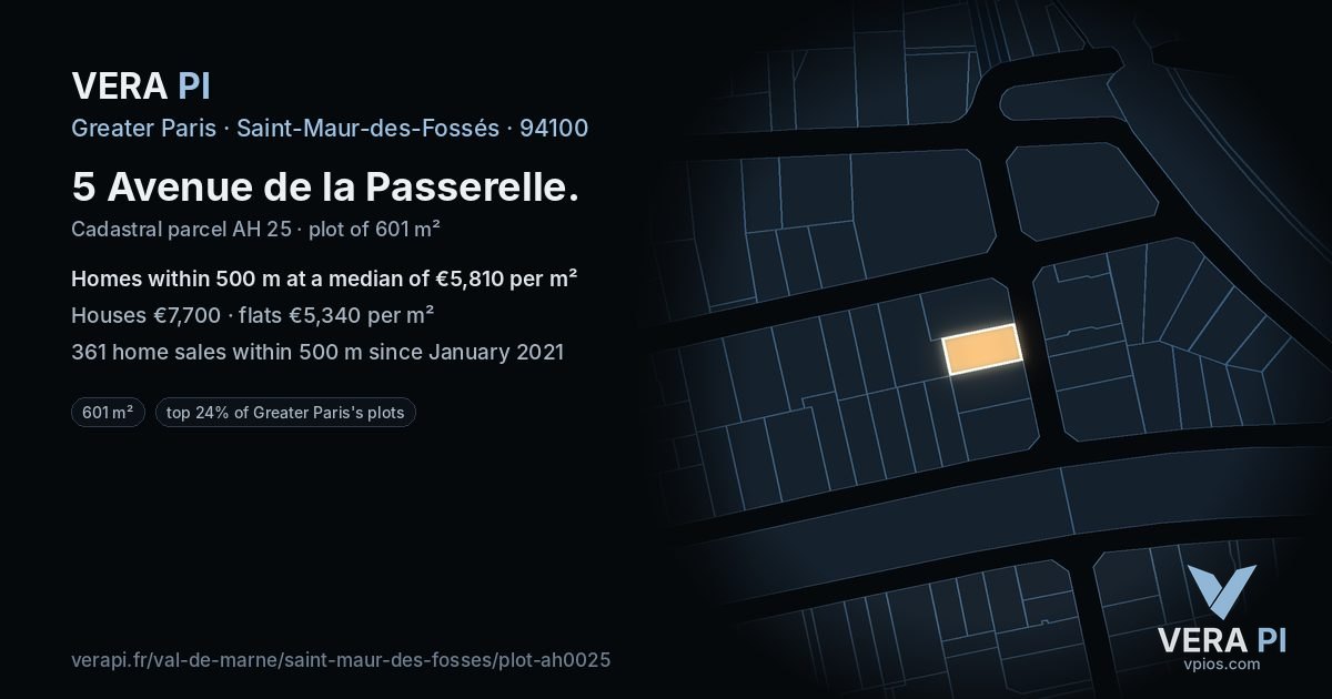 5 Avenue de la Passerelle, Saint-Maur-des-Fossés at night – the plot lit, the parcels around coloured by the prices near them