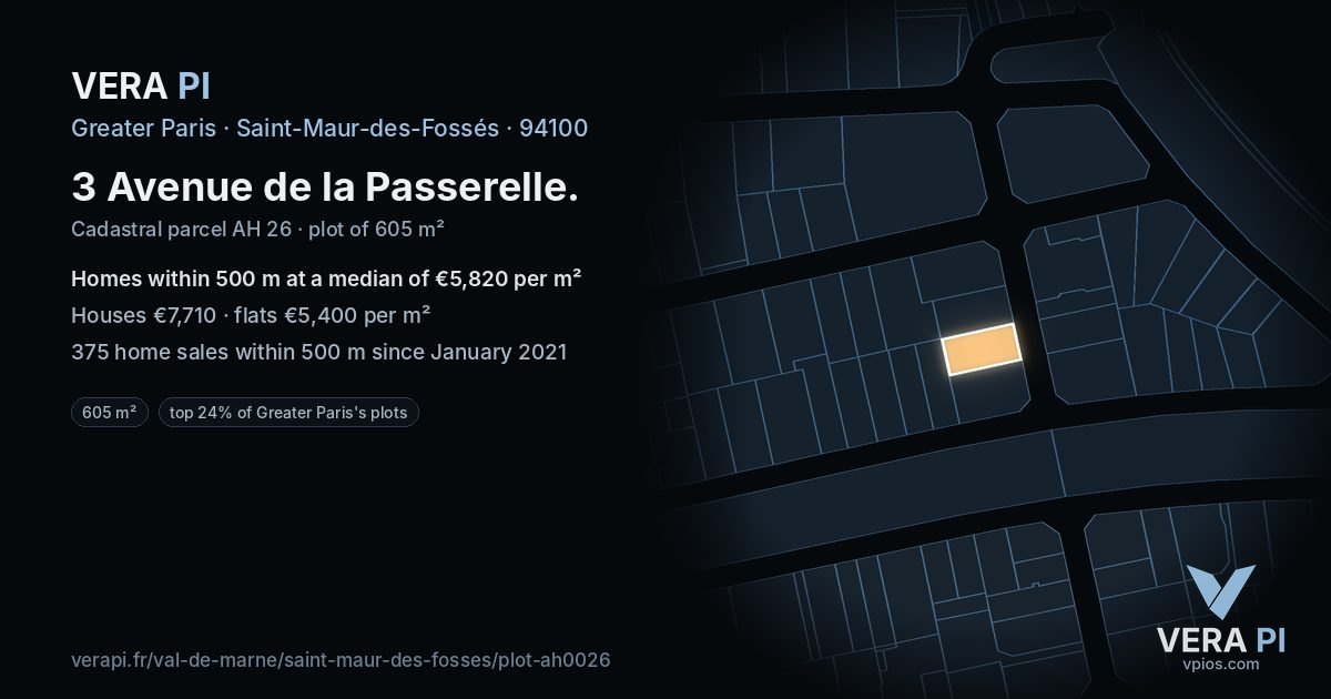 3 Avenue de la Passerelle, Saint-Maur-des-Fossés at night – the plot lit, the parcels around coloured by the prices near them