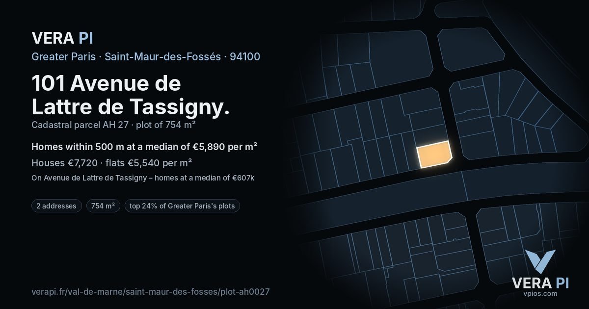 101 Avenue de Lattre de Tassigny, Saint-Maur-des-Fossés at night – the plot lit, the parcels around coloured by the prices near them