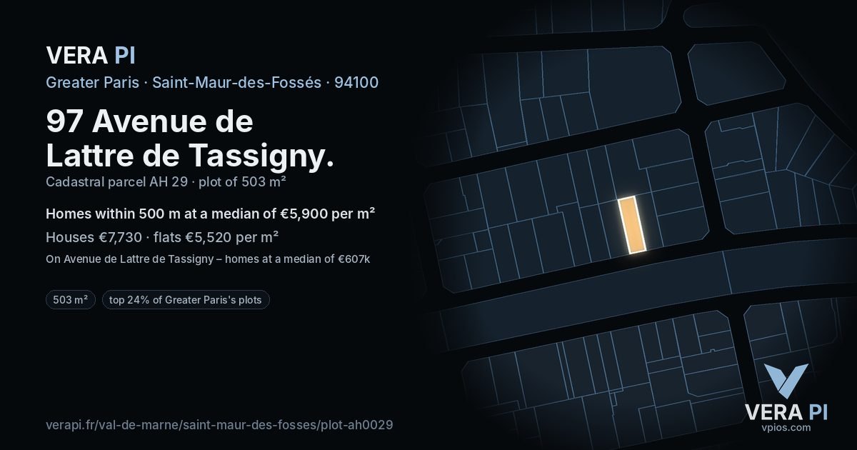 97 Avenue de Lattre de Tassigny, Saint-Maur-des-Fossés at night – the plot lit, the parcels around coloured by the prices near them