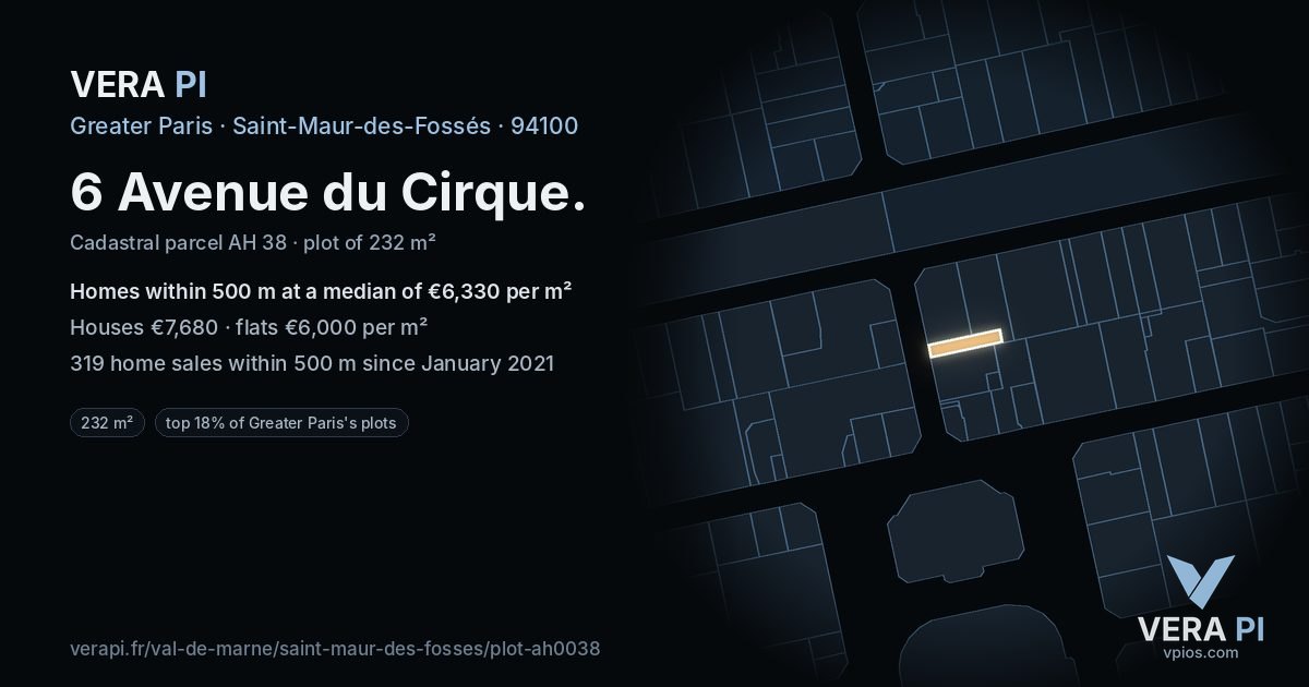 6 Avenue du Cirque, Saint-Maur-des-Fossés at night – the plot lit, the parcels around coloured by the prices near them
