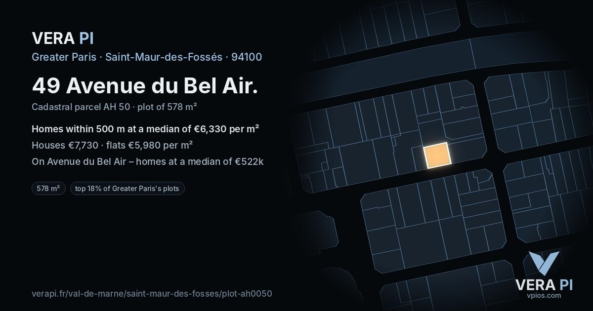 49 Avenue du Bel Air, Saint-Maur-des-Fossés at night – the plot lit, the parcels around coloured by the prices near them
