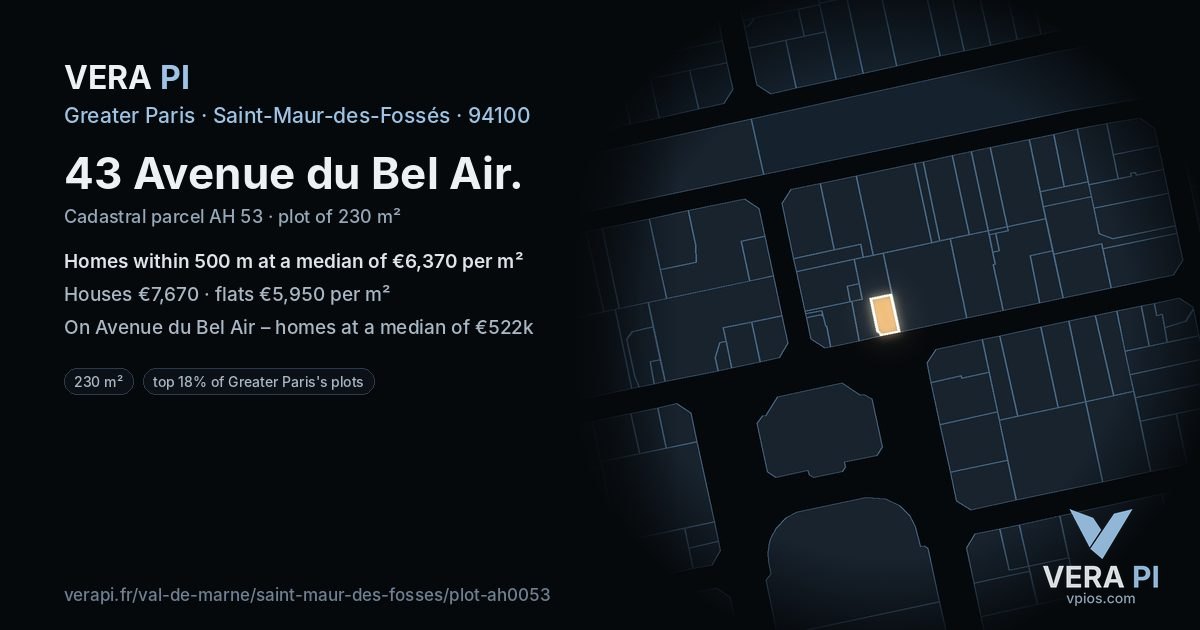 43 Avenue du Bel Air, Saint-Maur-des-Fossés at night – the plot lit, the parcels around coloured by the prices near them
