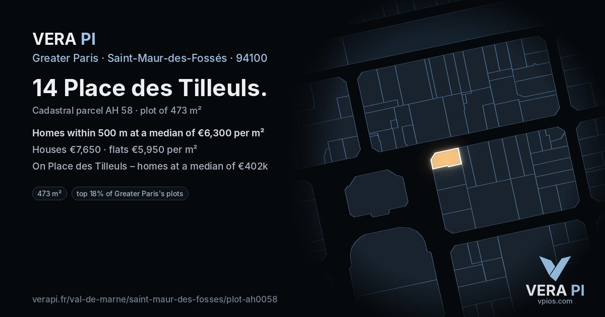 14 Place des Tilleuls, Saint-Maur-des-Fossés at night – the plot lit, the parcels around coloured by the prices near them