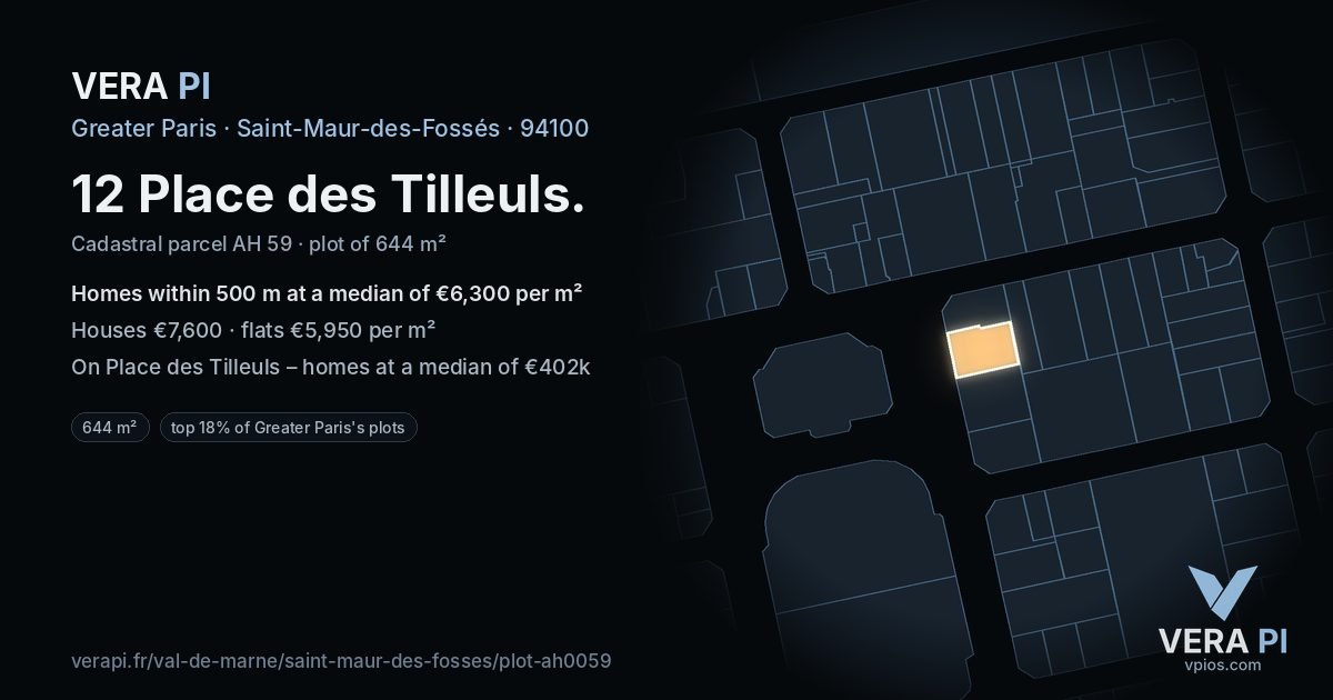 12 Place des Tilleuls, Saint-Maur-des-Fossés at night – the plot lit, the parcels around coloured by the prices near them